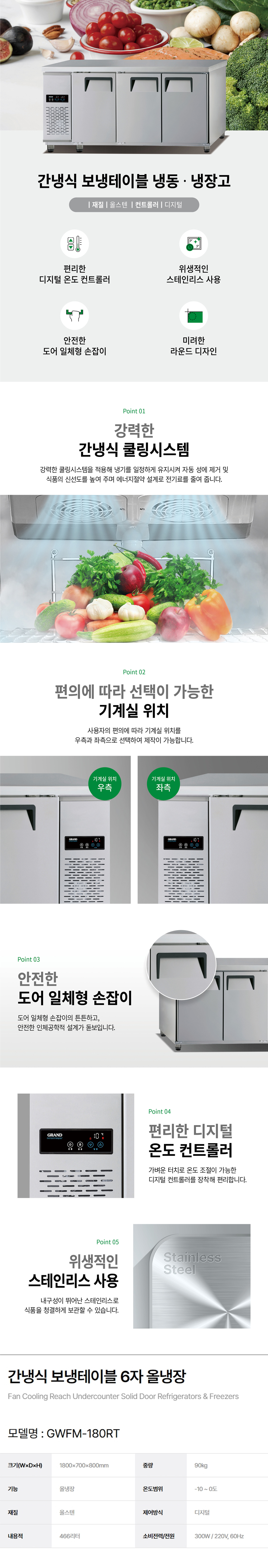 동양렌탈 GWFM-180RT 그랜드우성 6자 업소용 간냉식 올냉장 보냉테이블 냉장고 상세이미지 1