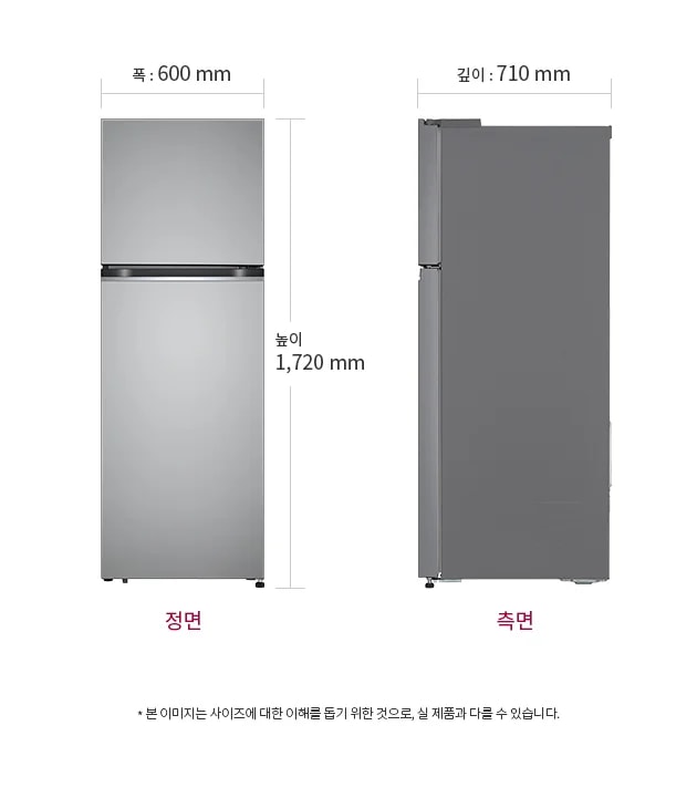 냉장고의 정면과 측면 모습이 나란히 배치되어 있습니다. 정면의 폭은 600mm, 높이는 1,720mm로 표시되어 있으며, 측면의 깊이는 710mm로 표시되어 있습니다. 이미지 하단에는 본 이미지는 사이즈에 대한 이해를 돕기 위한 것으로, 실 제품과 다를 수 있습니다.라는 문구가 포함되어 있습니다.