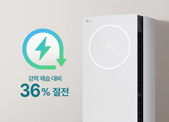회색 배경에 스탠드 에어컨이 배치되어 있으며, 좌측에는 그라데이션이 들어간 녹색 계열의 번개와 아래로 향하는 동그란 아이콘이 결합된 절전 아이콘이 노출되고 있으며, 제품 위로는 강력 제습 대비 36% 절전이라는 문구가 노출되고 있습니다.