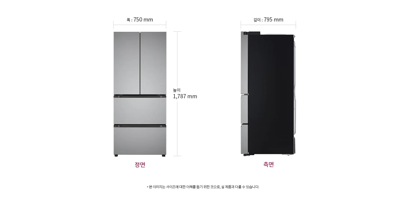 냉장고 정면과 측면 모습이 있습니다. 정면의 폭은 750mm이고, 높이는 1,787mm입니다. 측면의 깊이는 795mm입니다. 하단에는 본 이미지는 사이즈에 대한 이해를 돕기 위한 것으로, 실 제품과 다를 수 있습니다.라는 문구가 있습니다.
