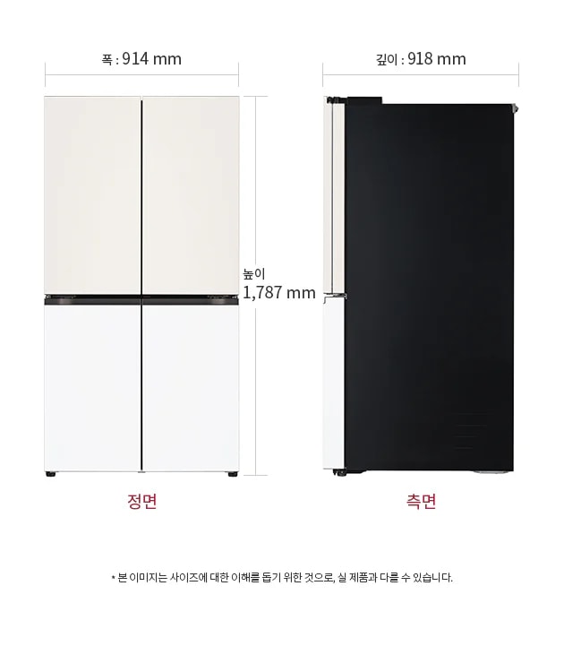 냉장고의 정면과 측면 이미지가 나란히 배치되어 있습니다. 정면의 너비는 914mm, 높이는 1,787mm이며, 측면의 깊이는 918mm입니다. 아래에는 정면과 측면이라는 설명이 있고, 하단에는 본 이미지는 사이즈에 대한 이해를 돕기 위한 것으로, 실 제품과 다를 수 있습니다.라는 문구가 있습니다.