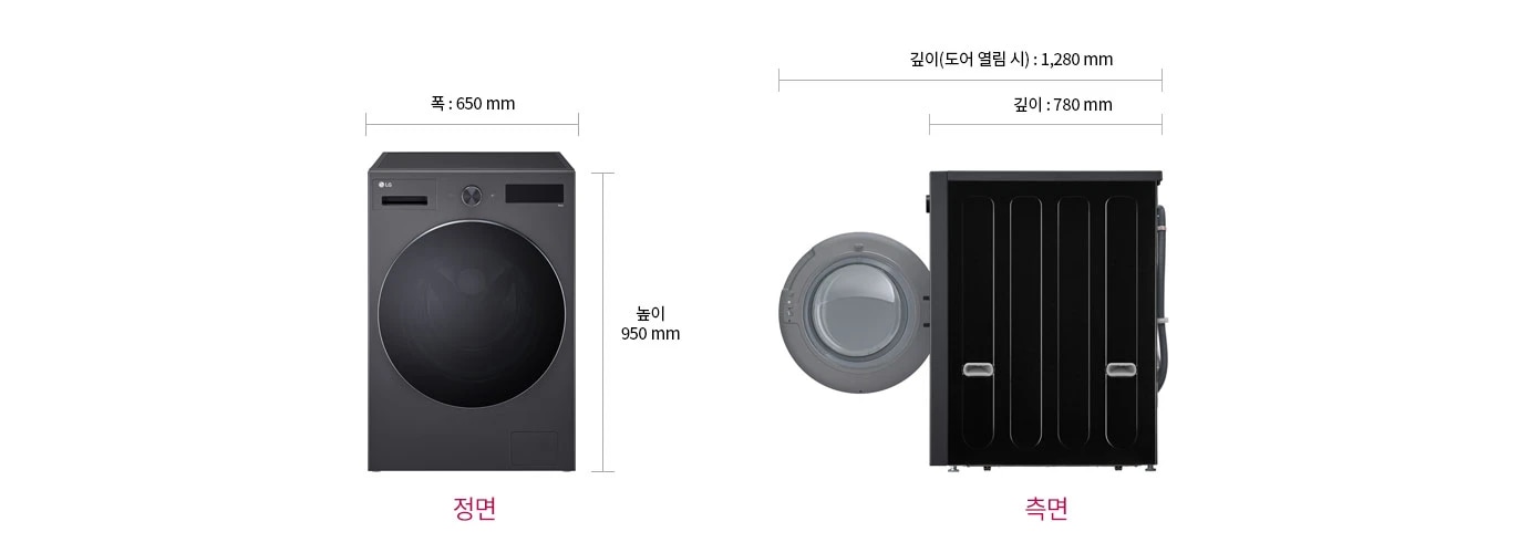 드럼세탁기의 정면과 측면이 나란히 배치되어 있습니다. 제품의 크기는 폭 650mm, 높이 950mm로 표시되어 있습니다. 측면에서는 도어가 열려 있는 모습이 보이며, 깊이는 780mm, 도어가 열렸을 때의 깊이는 1,280mm로 나타나 있습니다. 정면과 측면 아래에는 각각 정면과 측면이라는 텍스트가 적혀 있습니다.