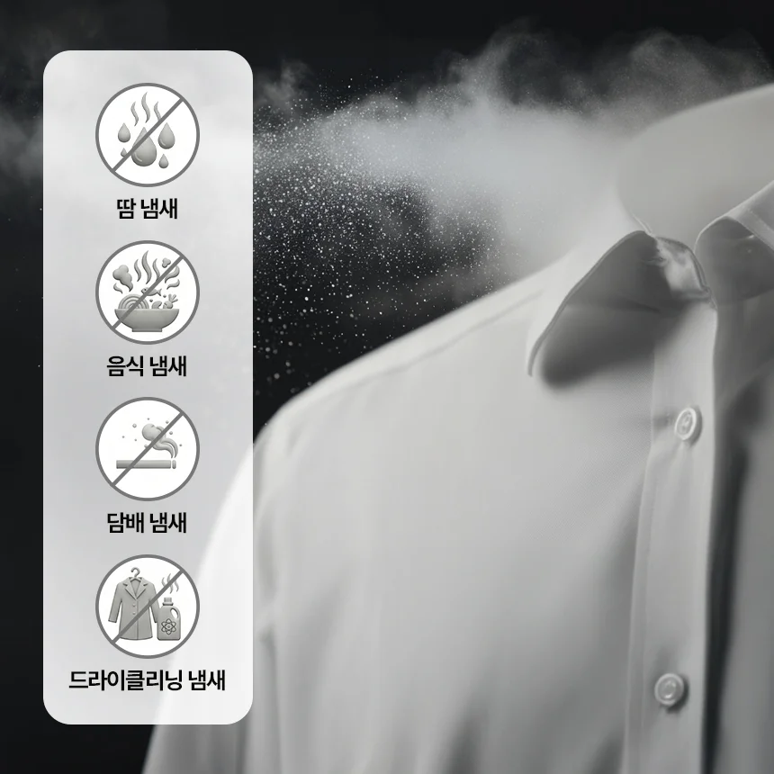 하얀 셔츠의 상반신 부분이 클로즈업되어 있으며, 셔츠의 왼쪽 어깨 부분 위로 증기가 퍼져 나가는 듯한 효과가 보입니다. 이미지 왼편에는 땀 냄새, 음식냄새, 담배 냄새, 드라이클리닝 냄새 각 요소를 상징하는 아이콘이 금지표시와 함께 배치되어 있습니다.